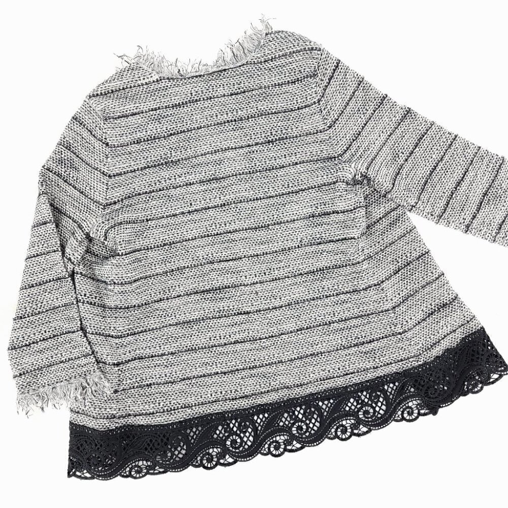 Chico's EUC Women's 0 Black White Laced Fringe Cardigan Cotton Blend Tweed - Picture 6 of 11